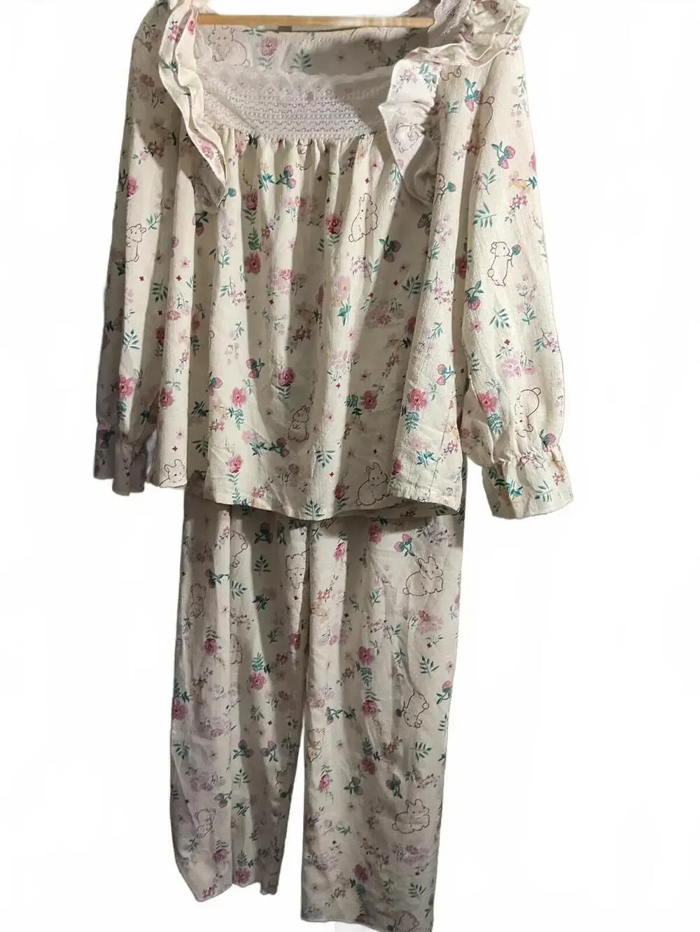 Boutique Lightweight Floral and Bunny Print Pajama Set with Ruffle Trim L - Picture 2 of 10